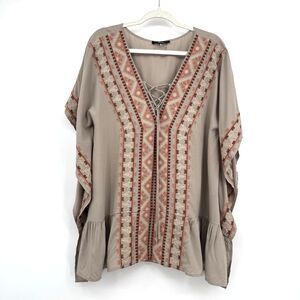 Andree by Unit Boho Embroidered Western TunicTan Lace Up V Neck Dress Top Size M